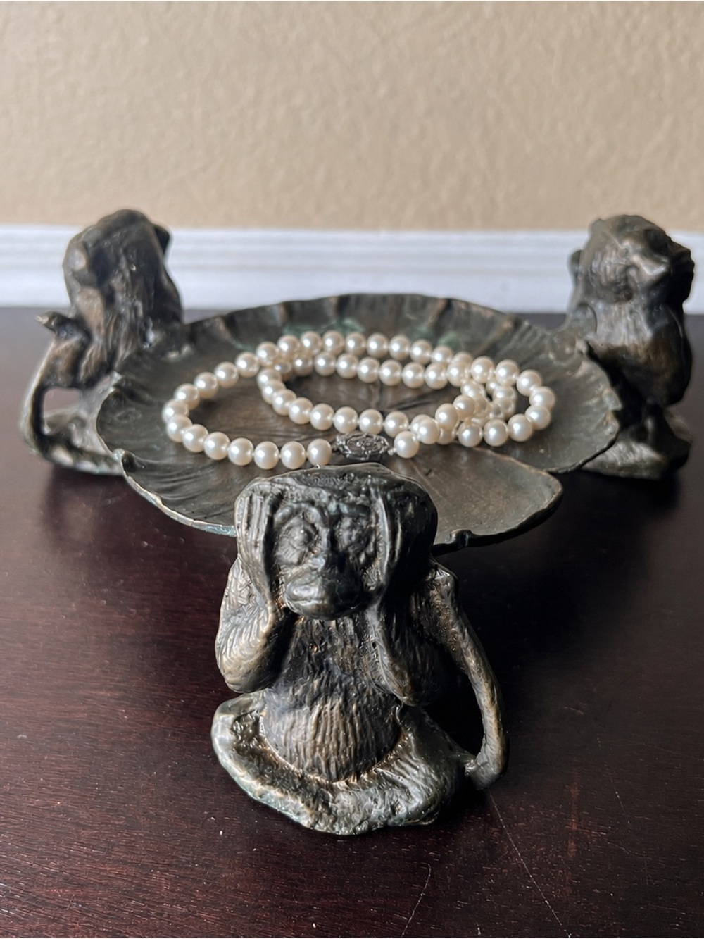 Vintage Bronze Three Wise Monkeys Lily Pad Trinket Tray
